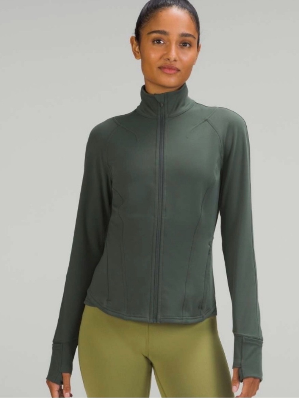 Lululemon Instill Jacket Smoked Spruce Green Full Zip Thumbhole Size 8 Yoga